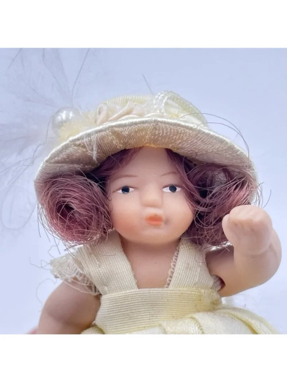 Miniature Porcelain Victorian Doll Christmas Ornament Cream Dress Beaded Hat 2”